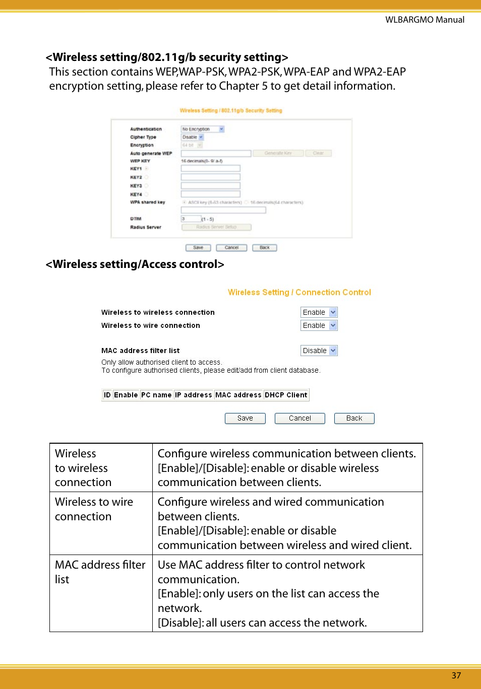 Security setting, Security setting/connection control | Allied Telesis CG-WLBARGMO User Manual | Page 39 / 56