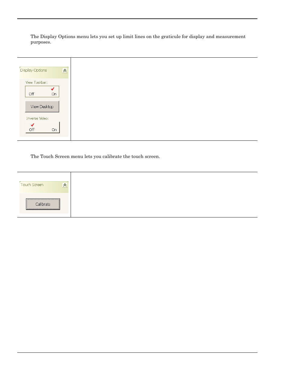 Display options menu -26, Touch screen menu -26, Display options menu | Touch screen menu | Anritsu Series MS278XB User Manual | Page 124 / 276