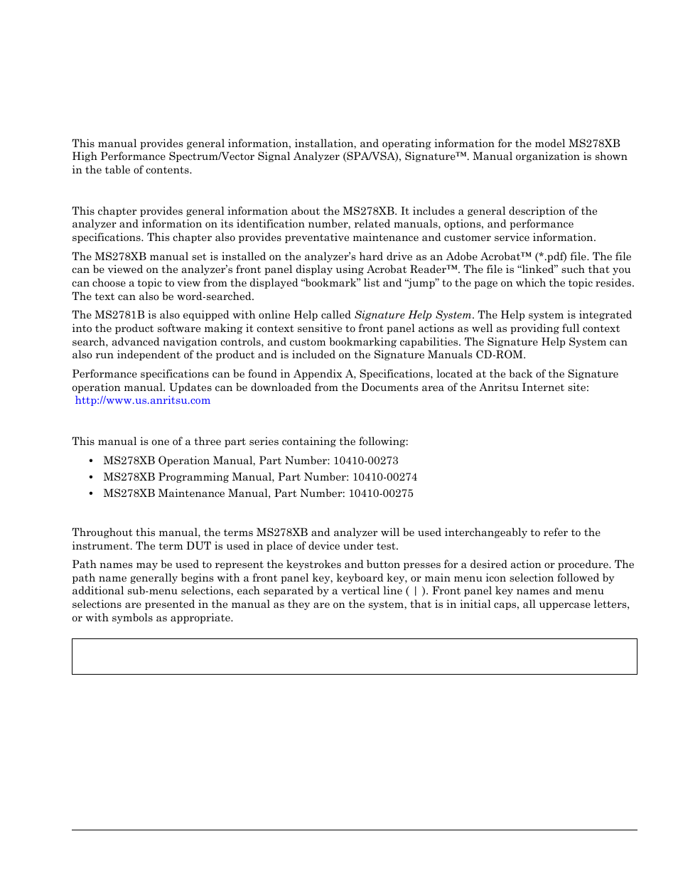 Chapter 1 - general information, 1 about this manual, Introduction | Associated documentation, Conventions, Chapter 1—general information, About this manual -1, Introduction -1, Associated documentation -1, Conventions -1 | Anritsu Series MS278XB User Manual | Page 17 / 276