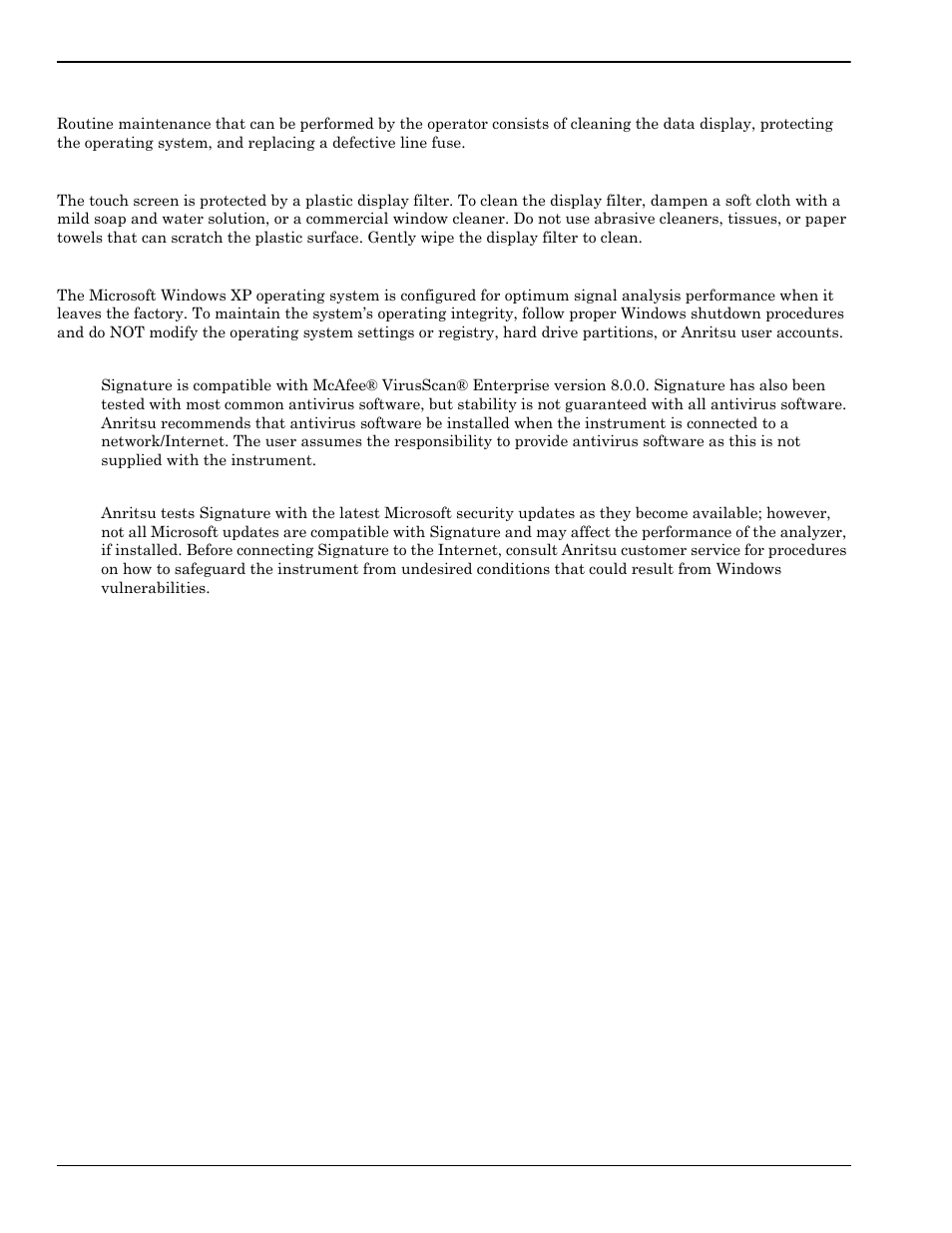 3 preventive maintenance, Cleaning the touch screen, Operating system integrity | Preventive maintenance -6, Cleaning the touch screen -6, Operating system integrity -6, Antivirus protection -6, Windows updates -6 | Anritsu Series MS278XB User Manual | Page 22 / 276