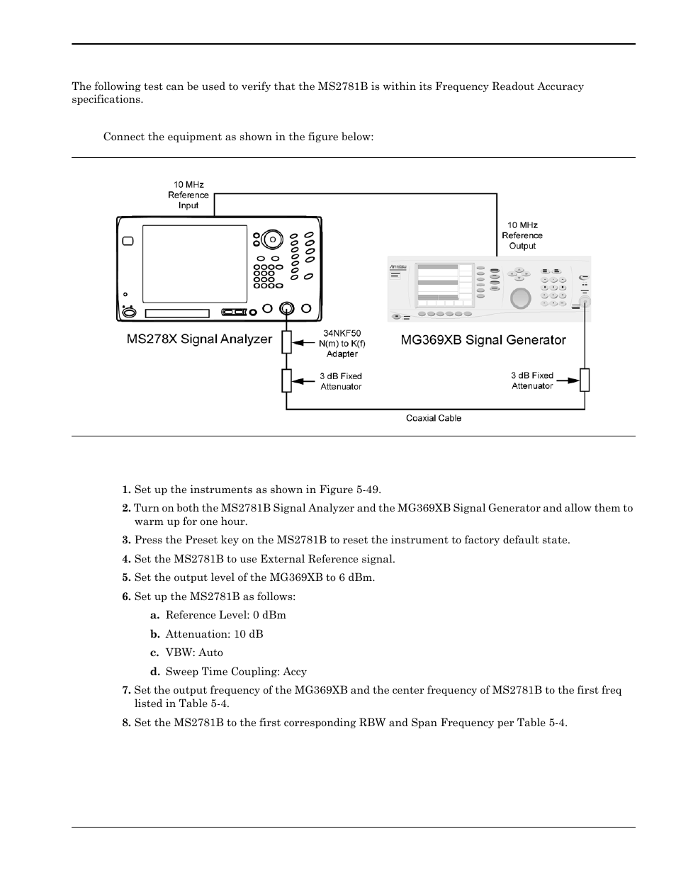 Frequency readout accuracy, Frequency readout accuracy -75, Test setup -75 | Test procedure -75 | Anritsu Series MS278XB User Manual | Page 231 / 276