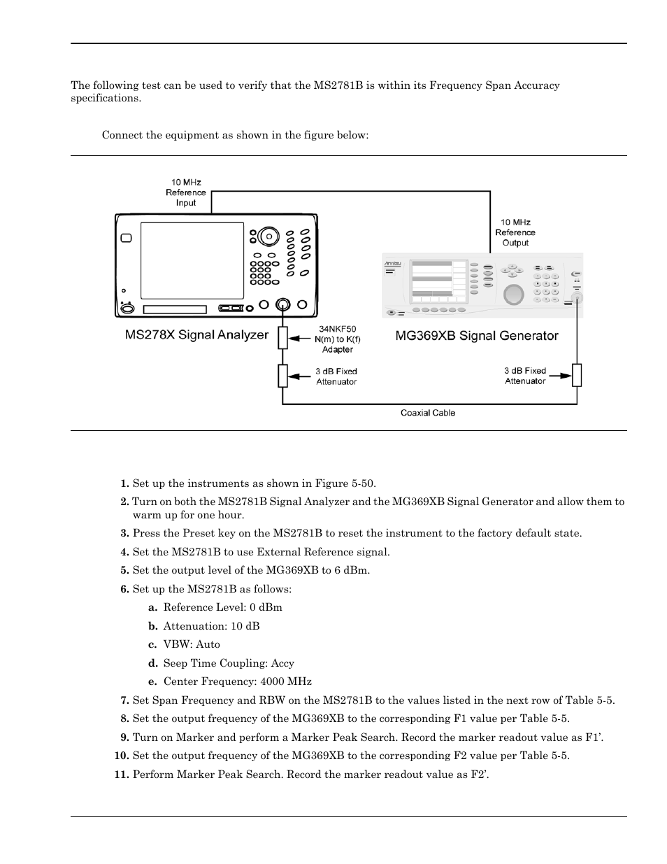 Frequency span accuracy, Frequency span accuracy -77, Test setup -77 | Test procedure -77 | Anritsu Series MS278XB User Manual | Page 233 / 276