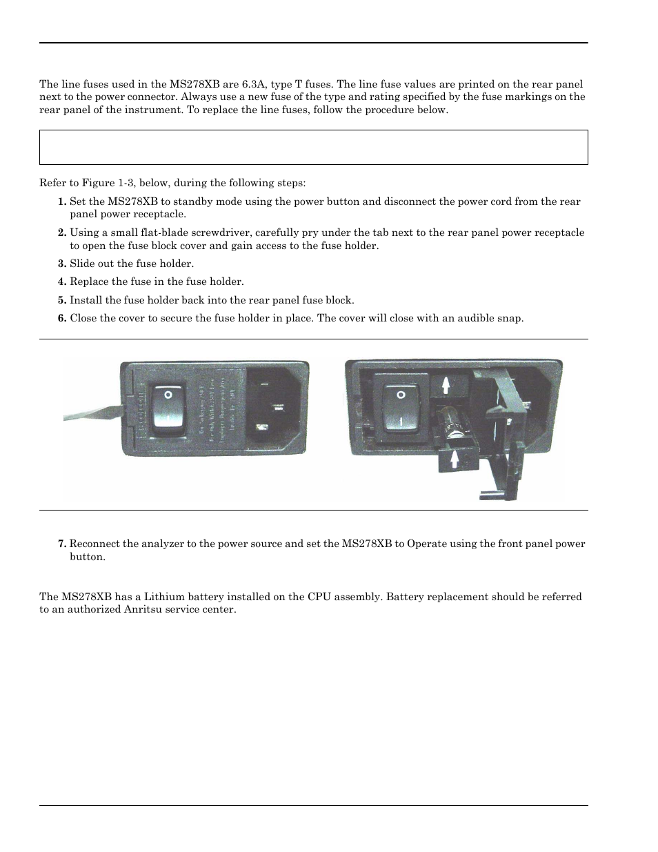 Replacing the line fuses, Internal battery, Replacing the line fuses -8 | Internal battery -8 | Anritsu Series MS278XB User Manual | Page 24 / 276