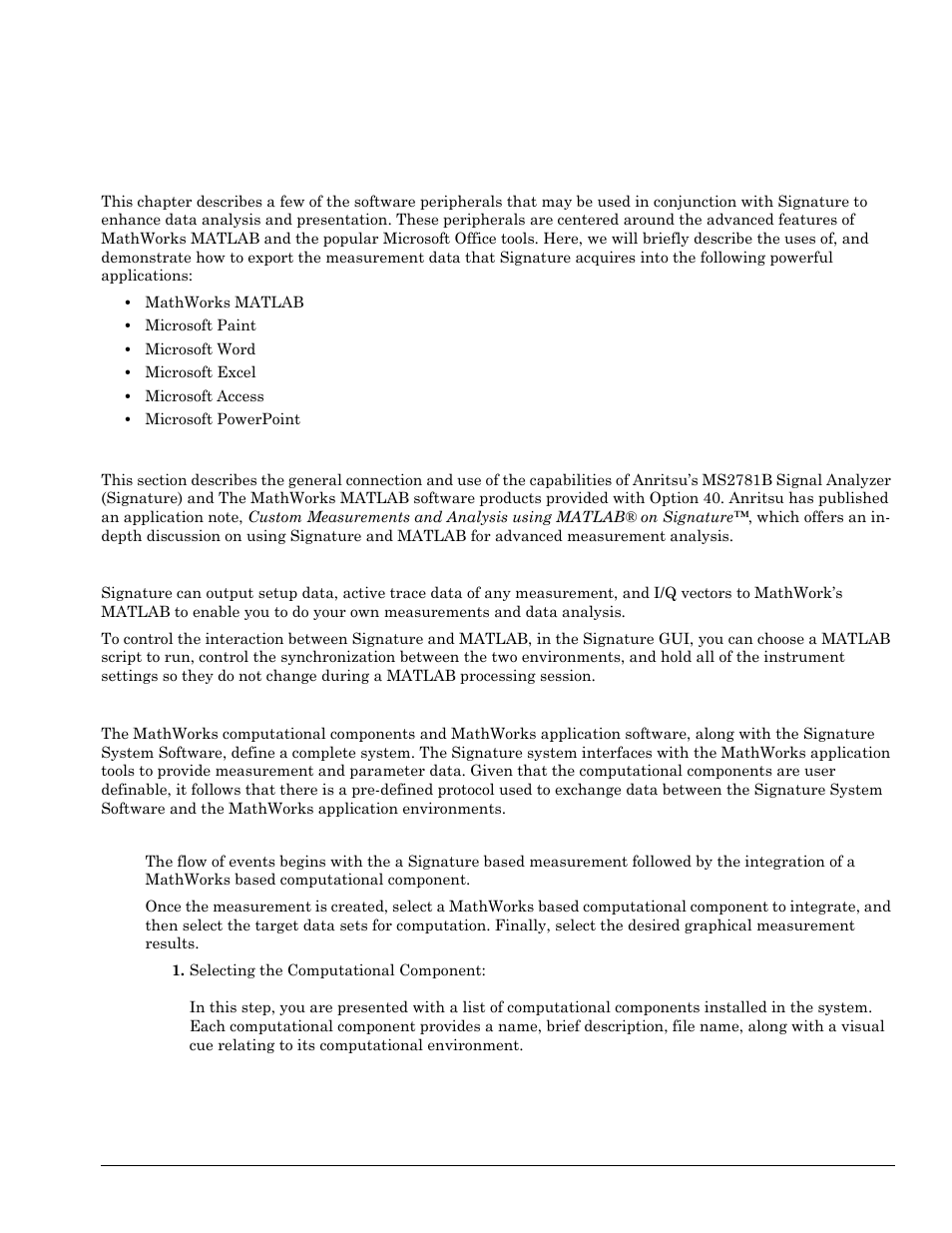 Chapter 6 - software peripherals, 1 introduction, Signature mathworks connectivity description | Integrated mathworks computational components, Chapter 6—software peripherals, Introduction -1, Signature mathworks connectivity description -1, Integrated mathworks computational components -1, Chapter 6 — software peripherals | Anritsu Series MS278XB User Manual | Page 253 / 276