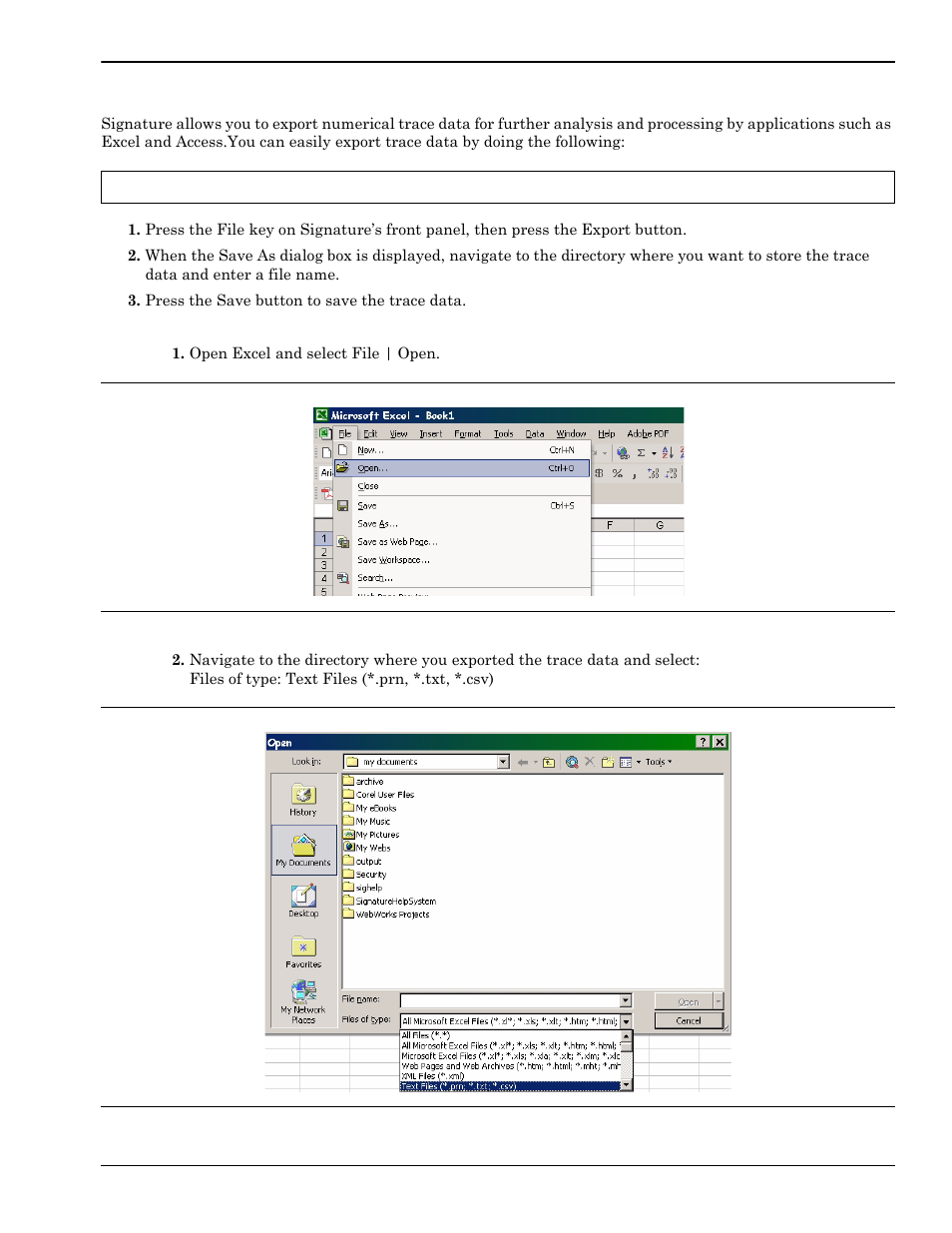 Exporting trace data, Exporting trace data -7, Importing the trace data to excel -7 | Microsoft excel • microsoft access | Anritsu Series MS278XB User Manual | Page 259 / 276