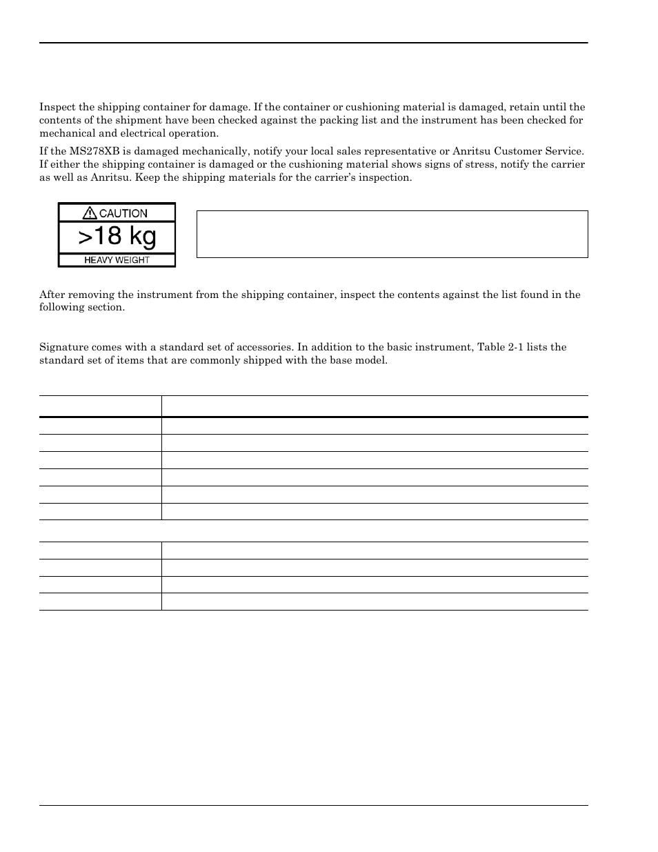 4 unpacking the product, Initial inspection, Package contents | Unpacking the product -2, Initial inspection -2, Package contents -2 | Anritsu Series MS278XB User Manual | Page 26 / 276
