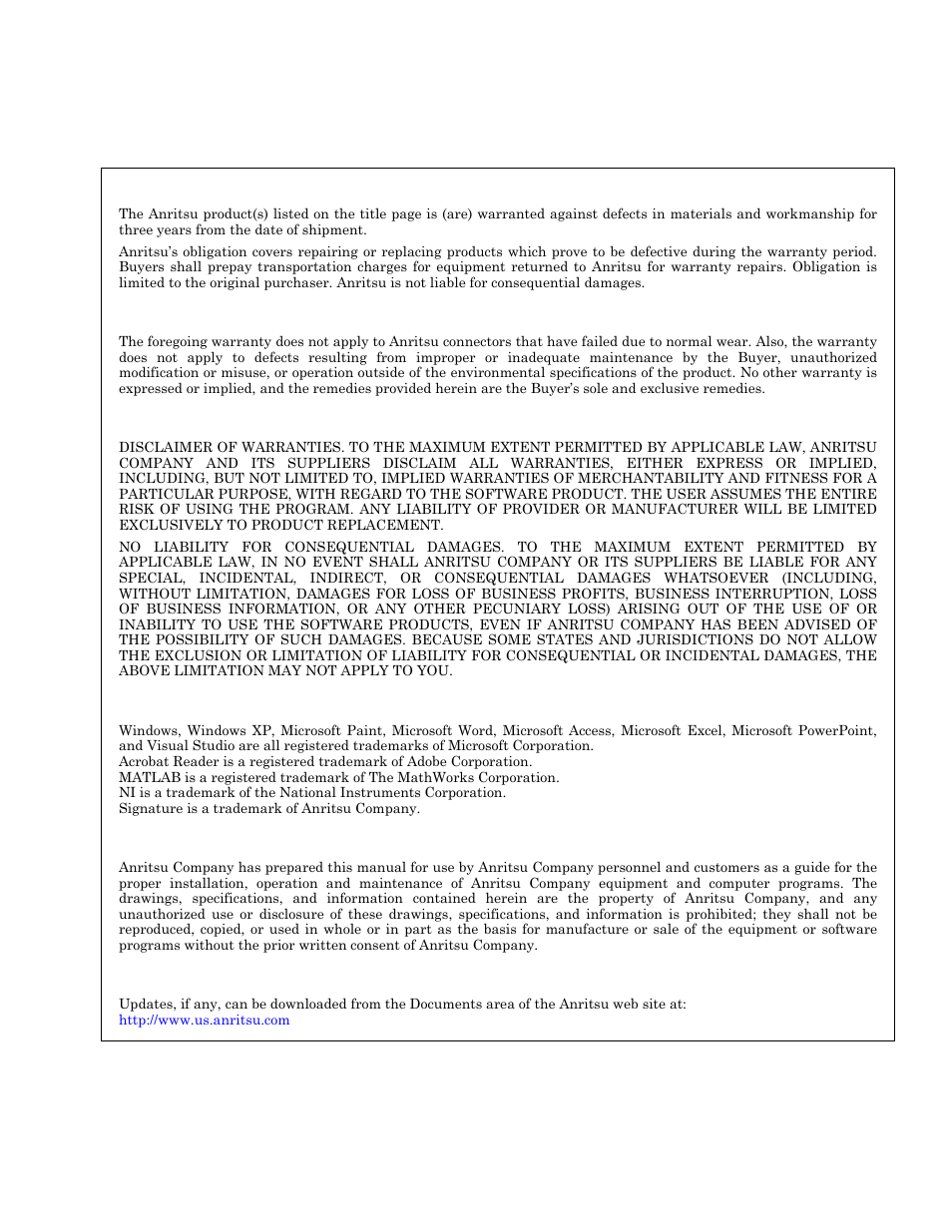 Warranty, Limitation of warranty, Disclaimer of warranty | Trademark acknowledgments, Notice, Updates | Anritsu Series MS278XB User Manual | Page 3 / 276