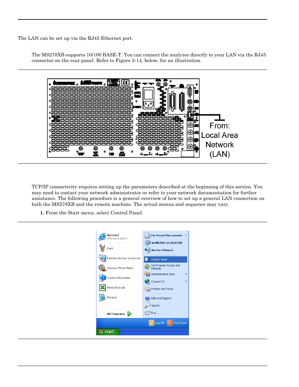 Lan setup, Lan setup -16, Network connections -16 | Network interface setup -16 | Anritsu Series MS278XB User Manual | Page 40 / 276