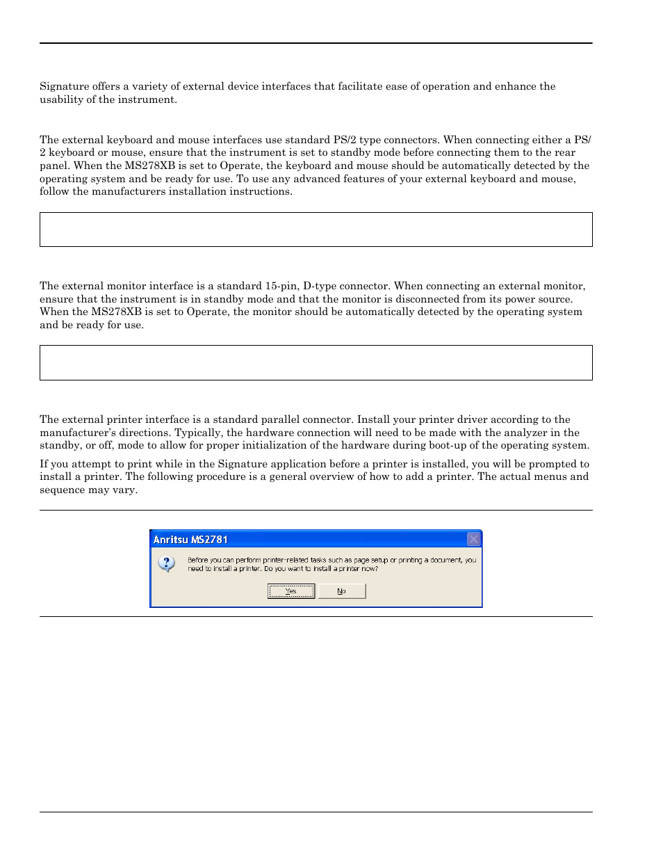 9 connecting external devices, Connecting an external keyboard or mouse, Connecting an external monitor | Connecting an external printer, Connecting external devices -24, Connecting an external keyboard or mouse -24, Connecting an external monitor -24, Connecting an external printer -24 | Anritsu Series MS278XB User Manual | Page 48 / 276