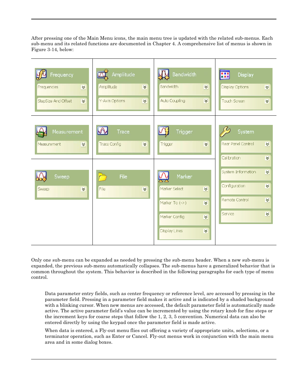 Sub-menu trees, Sub-menu trees -19, Entering data and fly-out menus -19 | Enu trees | Anritsu Series MS278XB User Manual | Page 71 / 276