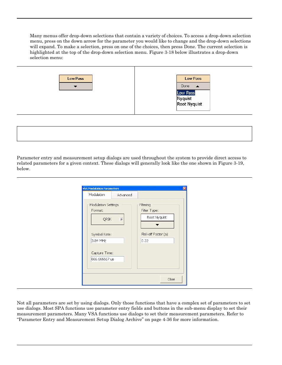 Parameter entry and measurement setup dialogs, Drop-down selection menus -24, Parameter entry and measurement setup dialogs -24 | Anritsu Series MS278XB User Manual | Page 76 / 276