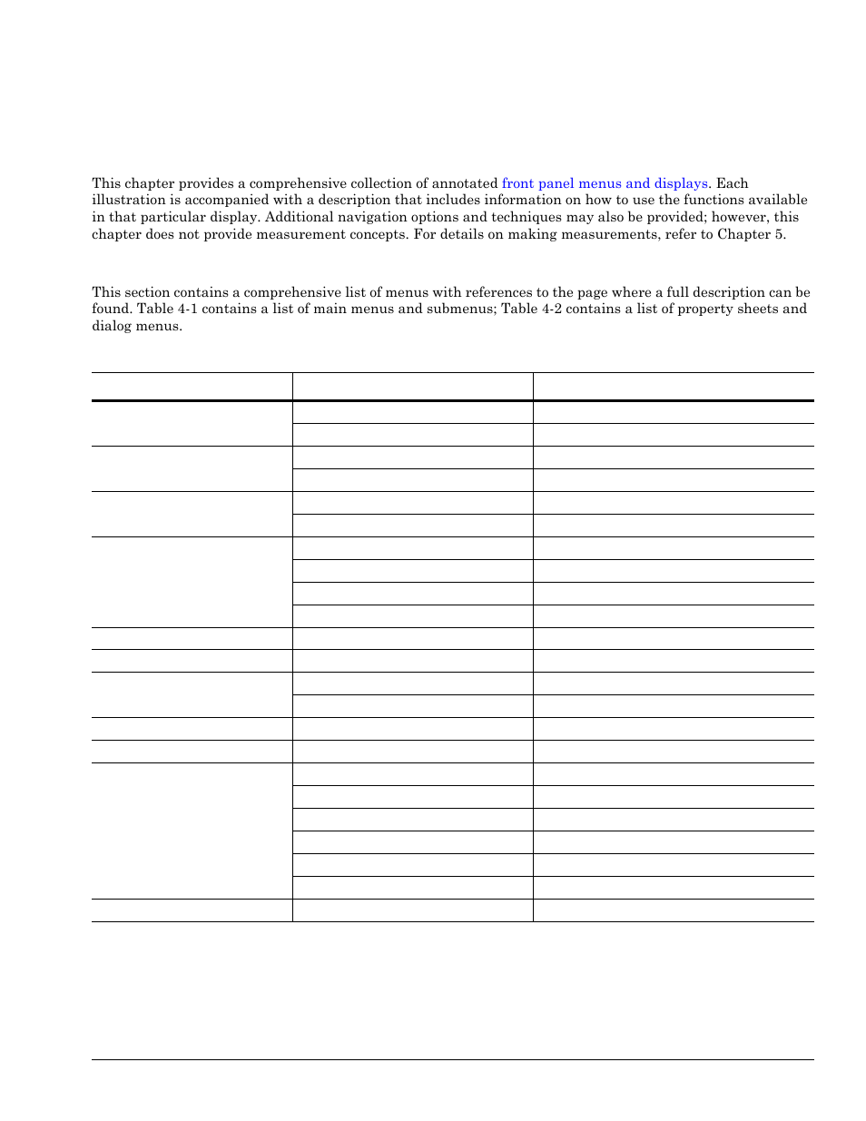 Chapter 4 - front panel menus, 1 introduction, 2 quick reference | Chapter 4—front panel menus, Introduction -1, Quick reference -1, Chapter 4, Chapter 4 — front panel menus | Anritsu Series MS278XB User Manual | Page 99 / 276