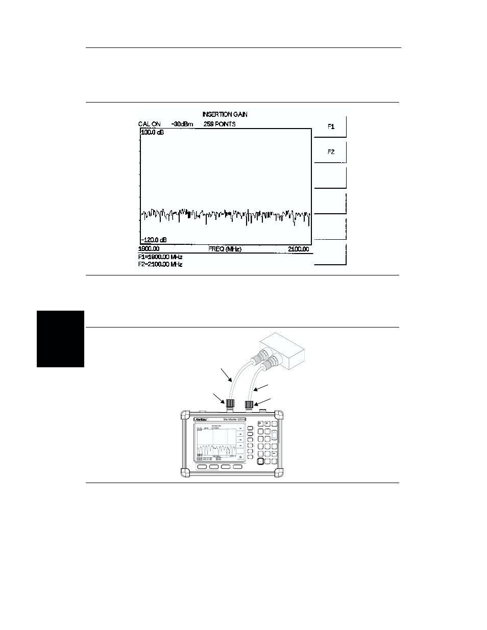 Am pli fier gain mea sure ment 4-24, Set ting the markers 4-24, Amplifier gain measurement -24 | Setting the markers -24, Amplifier gain measurement, Setting the markers, Step 14. press the, Soft key to select the m1 marker function, Chapter 4 measurements, Marker | Anritsu S251B User Manual | Page 70 / 84