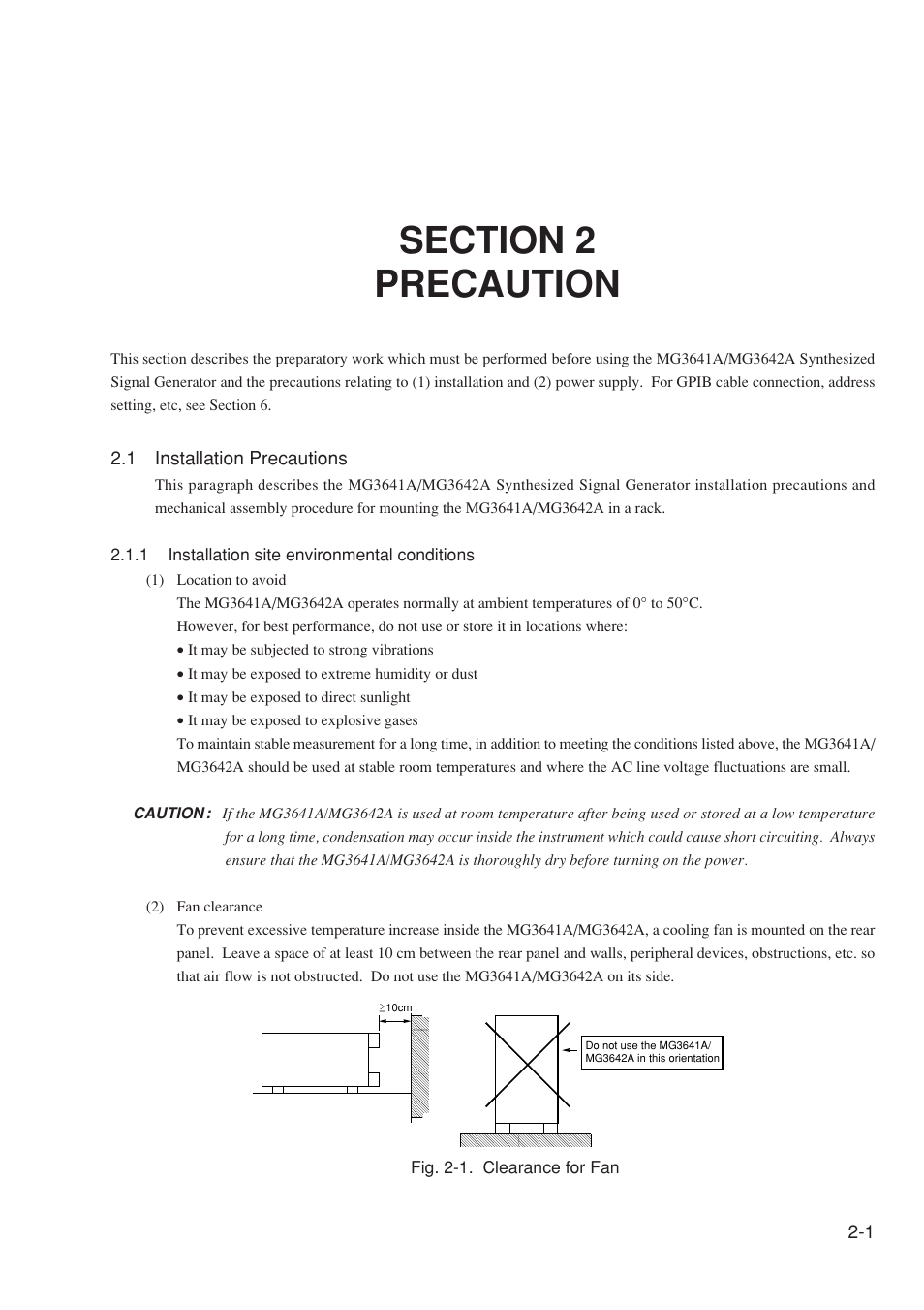 Section 2 precaution, 1 installation precautions, 1 installation site environmental conditions | Anritsu MG3641A User Manual | Page 31 / 212