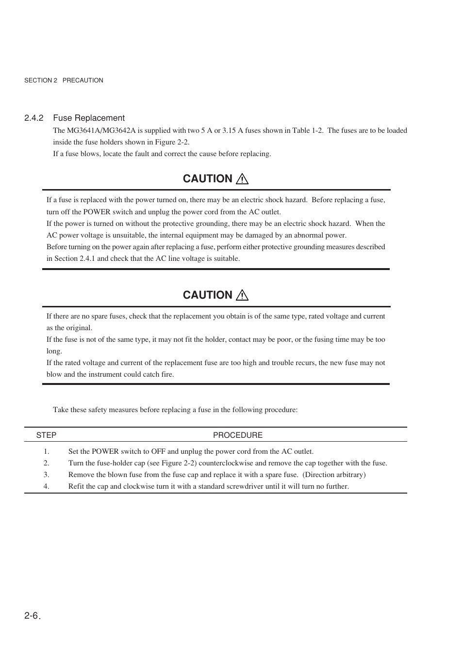 2 fuse replacement, Caution | Anritsu MG3641A User Manual | Page 36 / 212