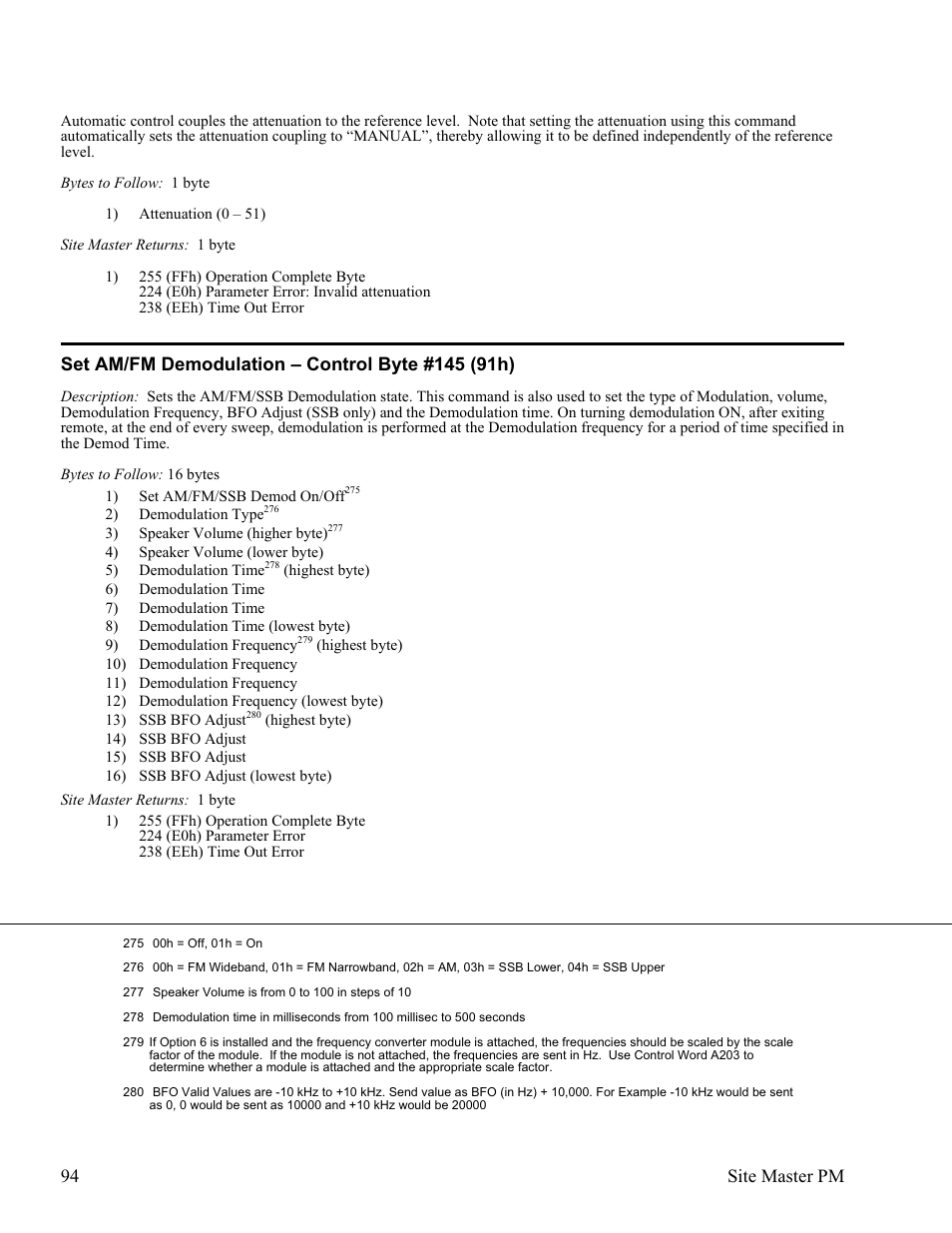 Set am/fm demodulation – control byte #145 (91h), 94 site master pm | Anritsu Site Master S331D User Manual | Page 100 / 132