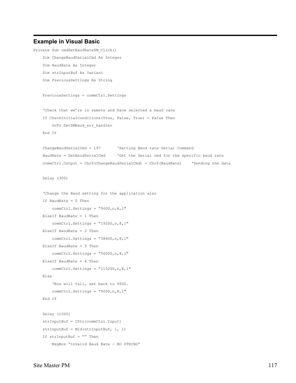 Example in visual basic 117, Example in visual basic, Site master pm 117 | Anritsu Site Master S331D User Manual | Page 123 / 132