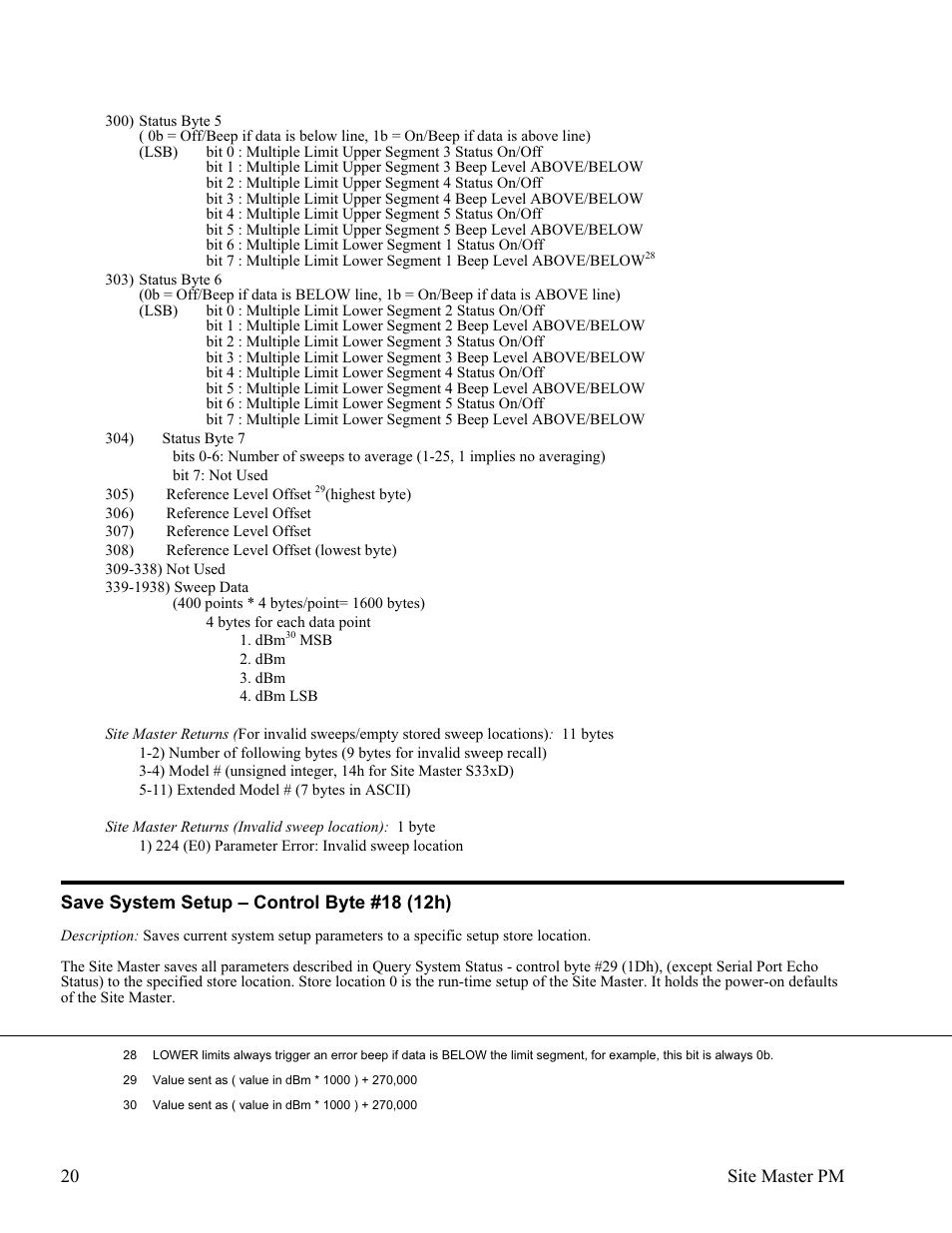 Save system setup œ control byte #18 (12h) 20, Save system setup – control byte #18 (12h) | Anritsu Site Master S331D User Manual | Page 26 / 132