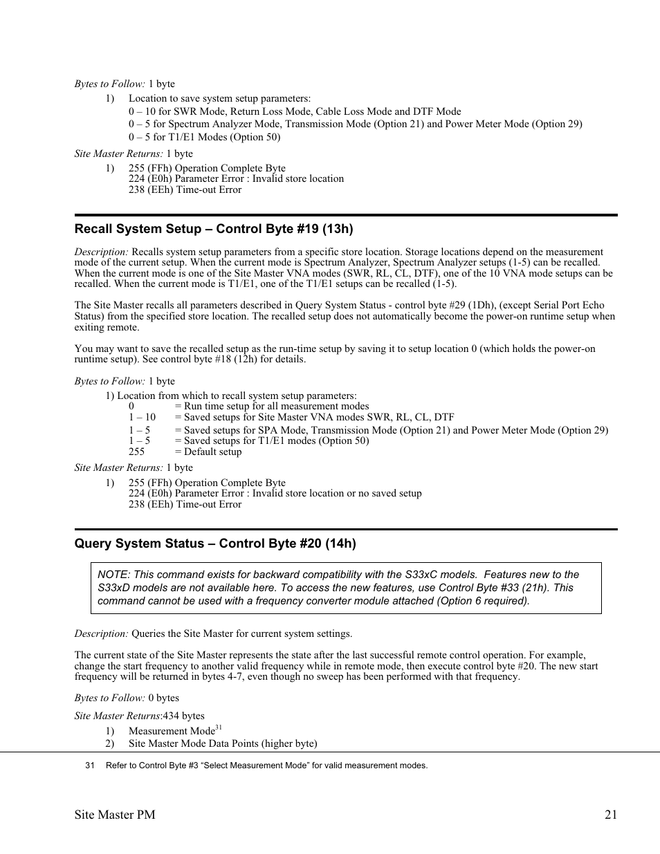 Recall system setup œ control byte #19 (13h) 21, Query system status œ control byte #20 (14h) 21 | Anritsu Site Master S331D User Manual | Page 27 / 132
