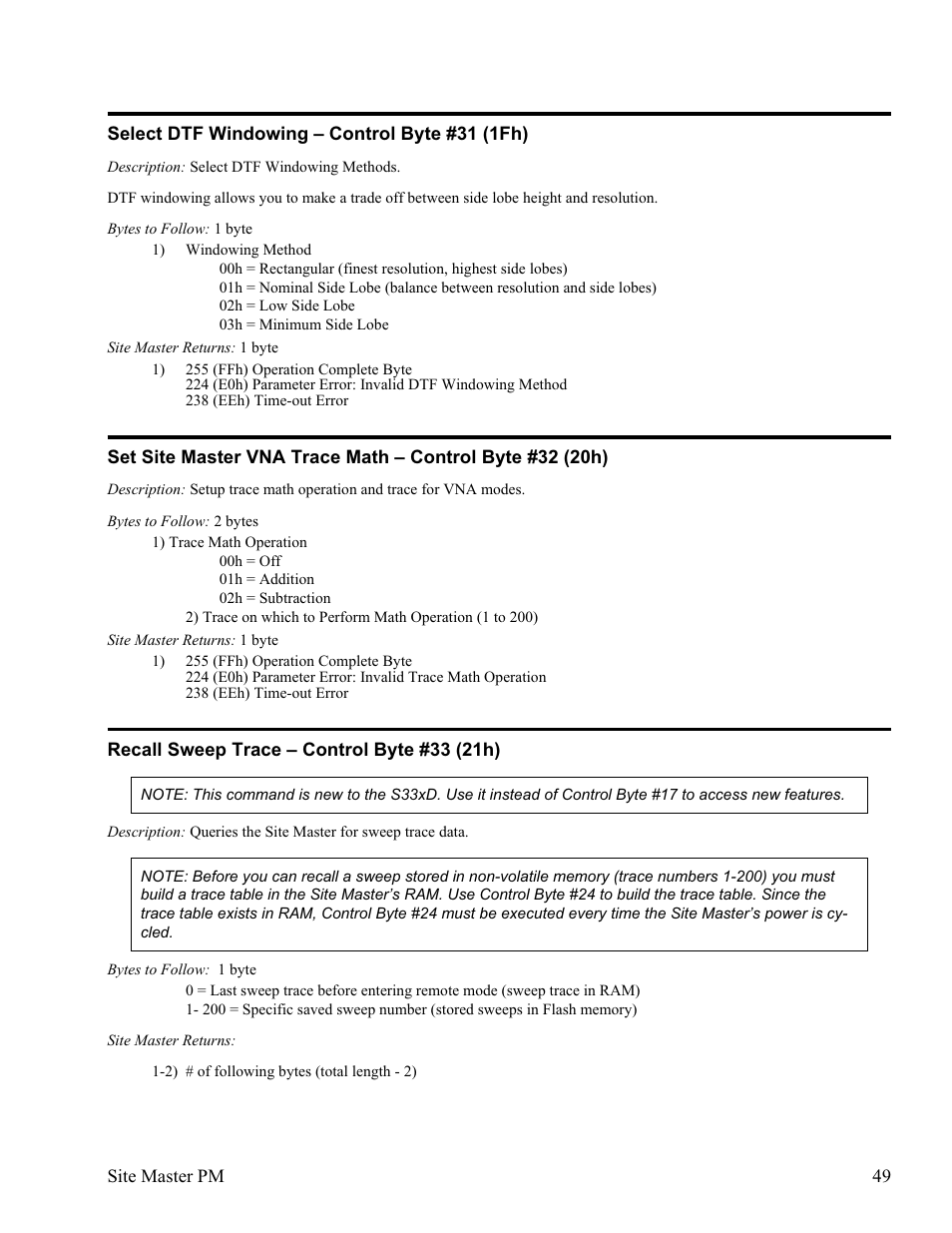 Select dtf windowing œ control byte #31 (1fh) 49, Recall sweep trace œ control byte #33 (21h) 49 | Anritsu Site Master S331D User Manual | Page 55 / 132