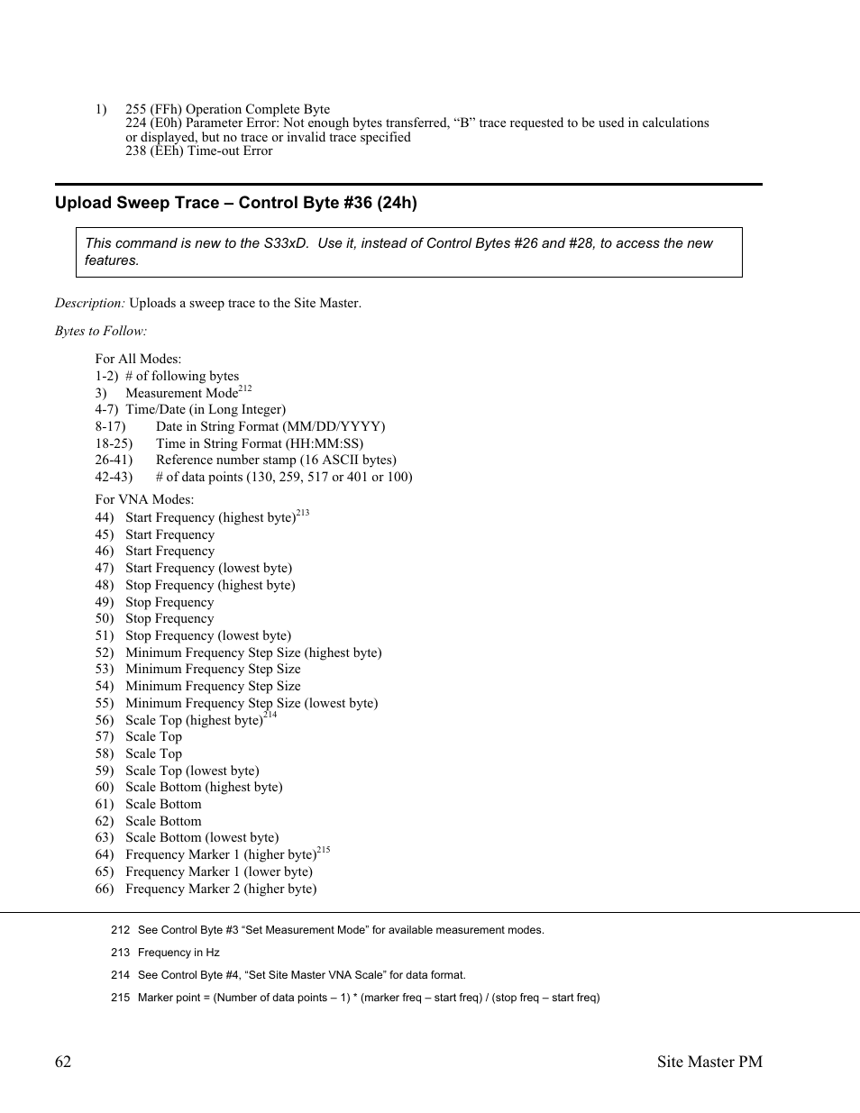 Upload sweep trace œ control byte #36 (24h) 62, Upload sweep trace – control byte #36 (24h) | Anritsu Site Master S331D User Manual | Page 68 / 132