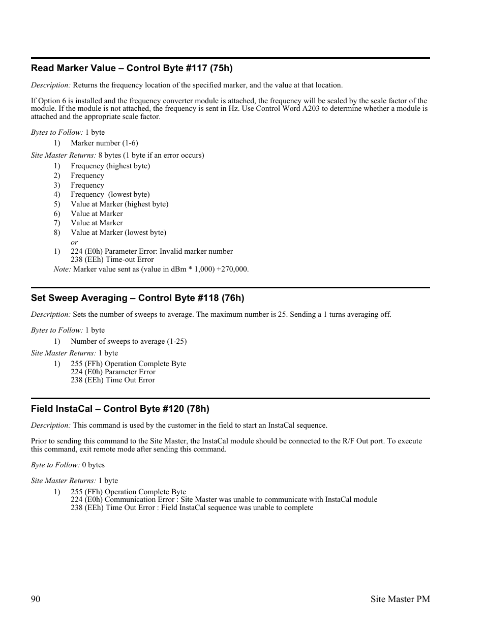 Read marker value œ control byte #117 (75h) 90, Set sweep averaging œ control byte #118 (76h) 90, Field instacal œ control byte #120 (78h) 90 | Anritsu Site Master S331D User Manual | Page 96 / 132
