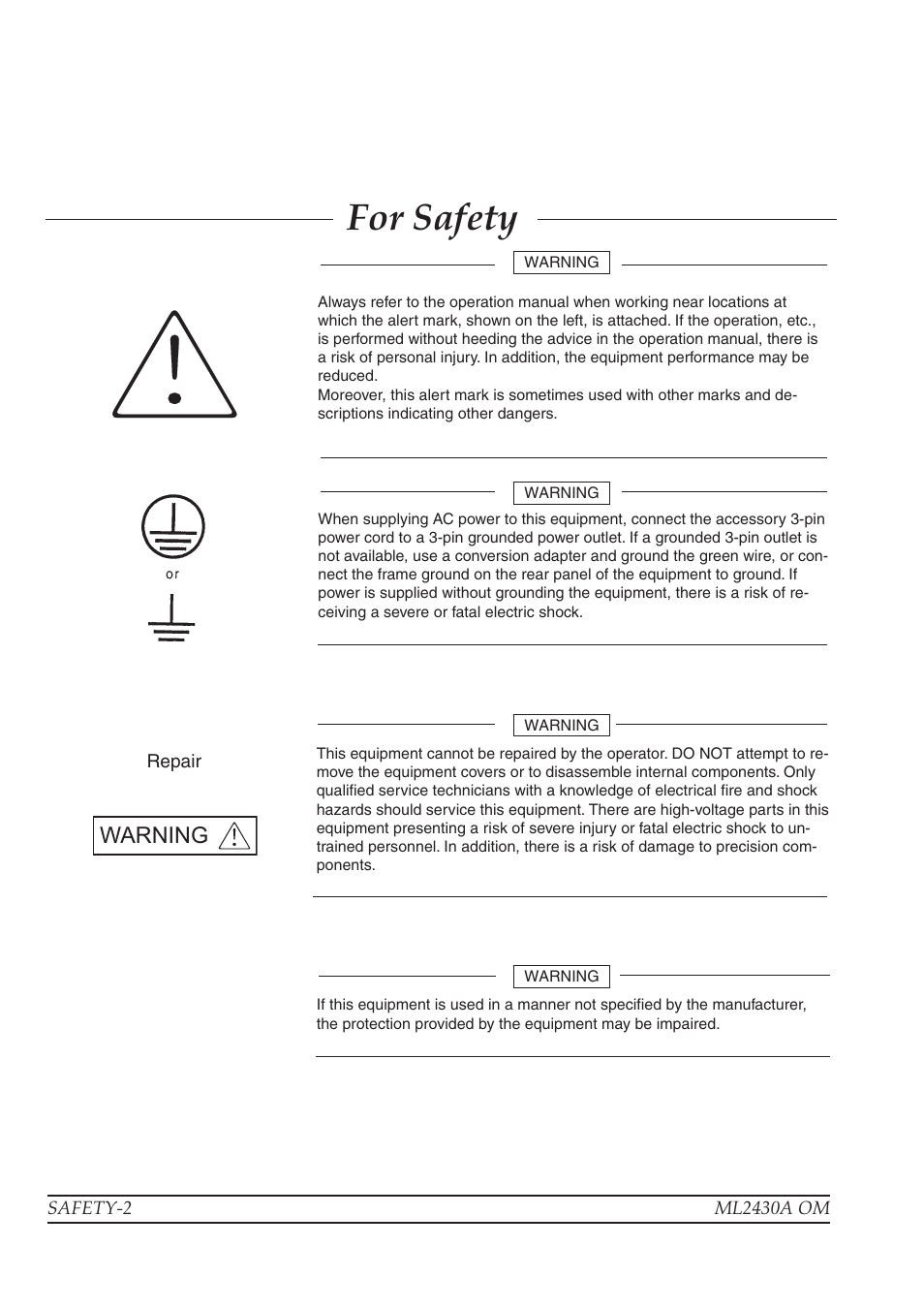 For safety, Warning | Anritsu ML2430A User Manual | Page 4 / 271