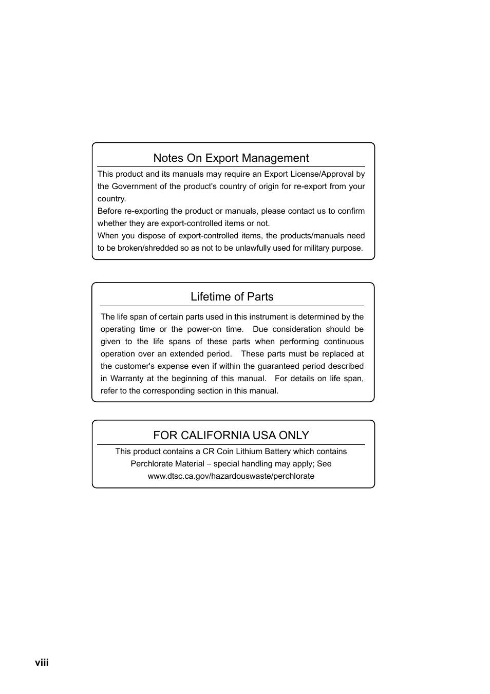 Lifetime of parts, For california usa only | Anritsu MP1763C User Manual | Page 8 / 78