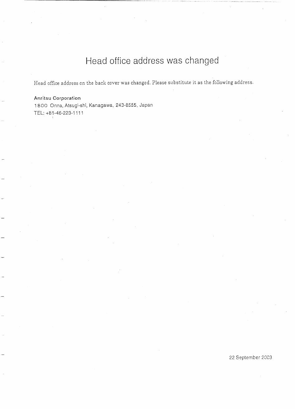 Head office address was changed | Anritsu MP1777A User Manual | Page 124 / 132