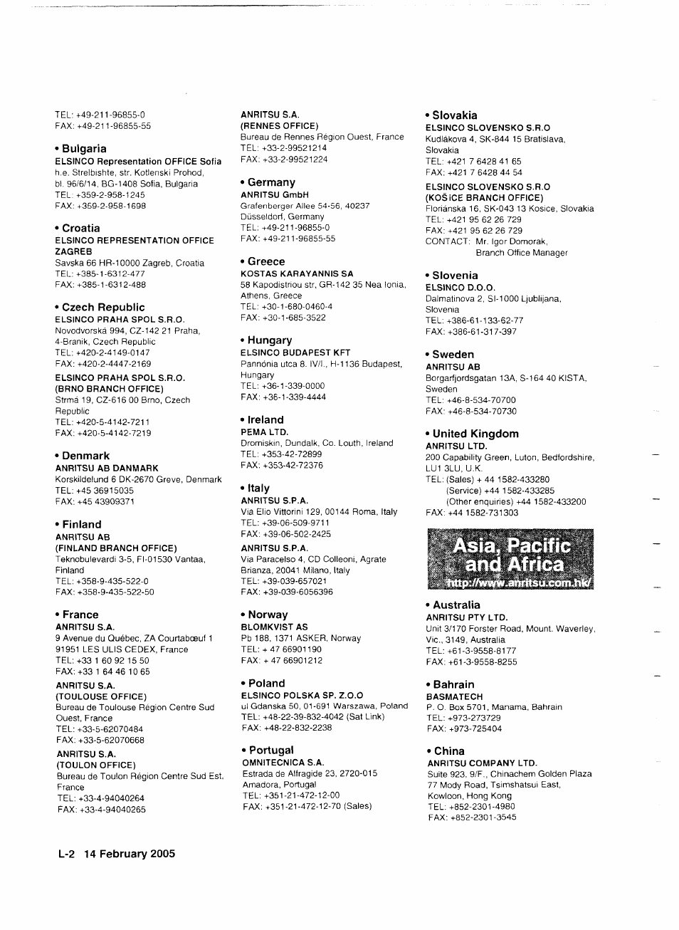 Bulgaria, Croatia, Czech republic | Denmark, Finland, France, Germany, Greece, Hungary, Ireland | Anritsu MP1777A User Manual | Page 127 / 132