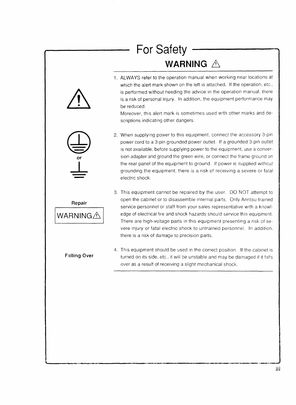 Warning a, For safety, Warning | Anritsu MP1777A User Manual | Page 4 / 132