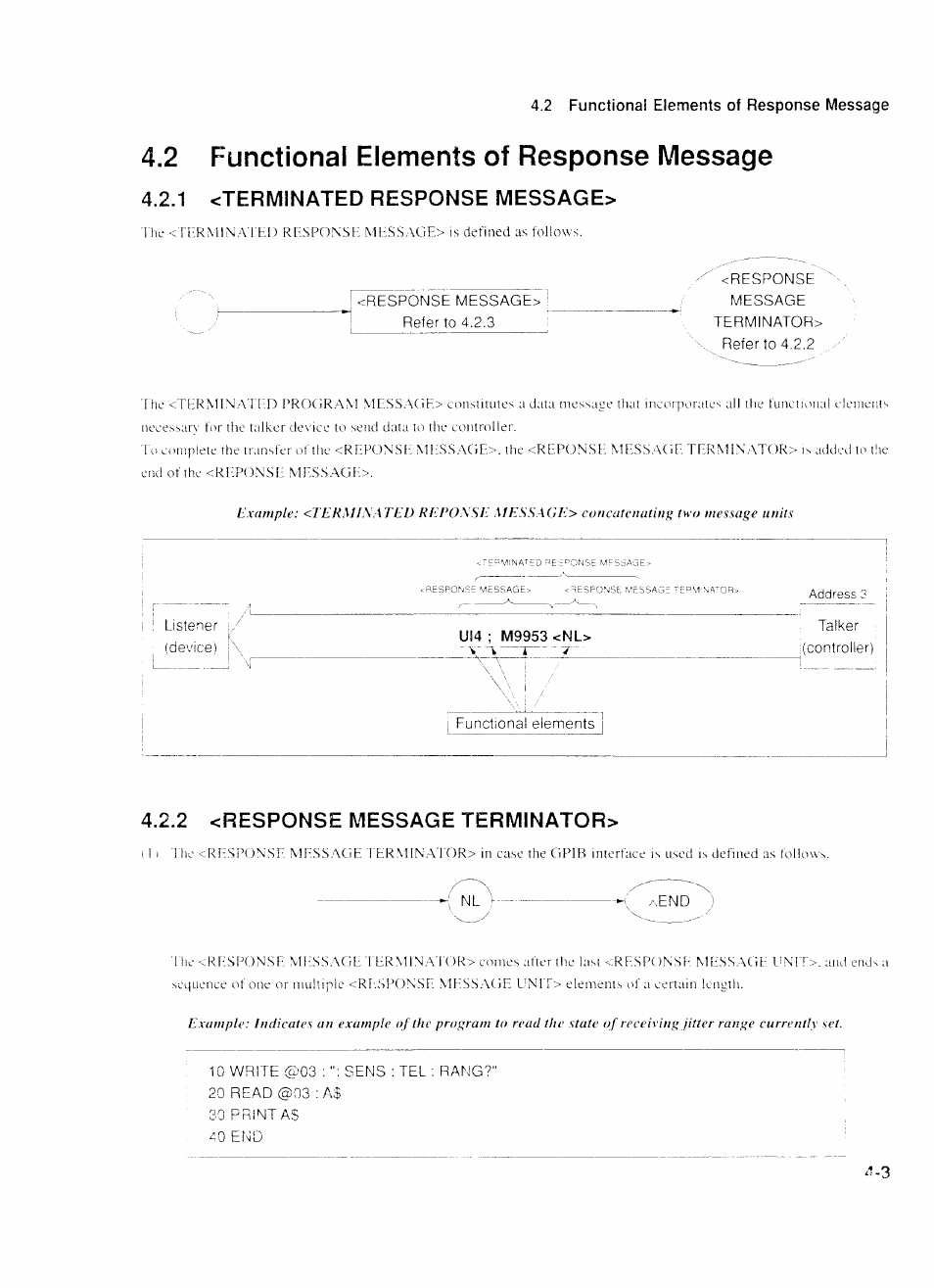 2 functional elements of response message, 1 <terminated response message, U!4 ; m9953 <nl | 2 <response message terminator, 2 functional elements of response message -3, Terminated response message, Response message terminator> -3 | Anritsu MP1777A User Manual | Page 48 / 132