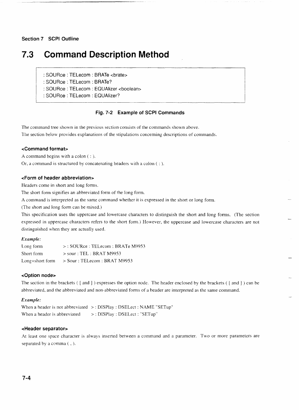 3 command description method, Fig. 7-2 example of scpi commands, Command format | Form of header abbreviation, Option node, Header separator, 3 command description method -4 | Anritsu MP1777A User Manual | Page 75 / 132