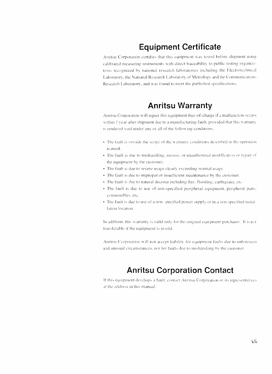 Equipment certificate, Anritsu warranty, Anritsu corporation contact | Anritsu MP1777A User Manual | Page 8 / 132