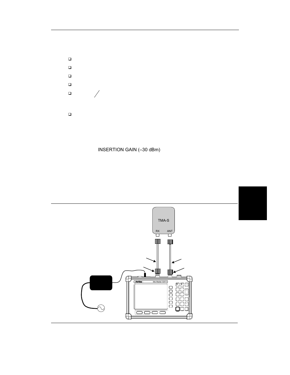 Tma measurements 4-13, Tma measurements -13, Tma measurements | Required equipment, Site master model s251c, Option 10a, bias tee, N (m) to 7 16 (m) adapters device under test, Step 4. press the, Mode, Enter | Anritsu S251C User Manual | Page 60 / 83