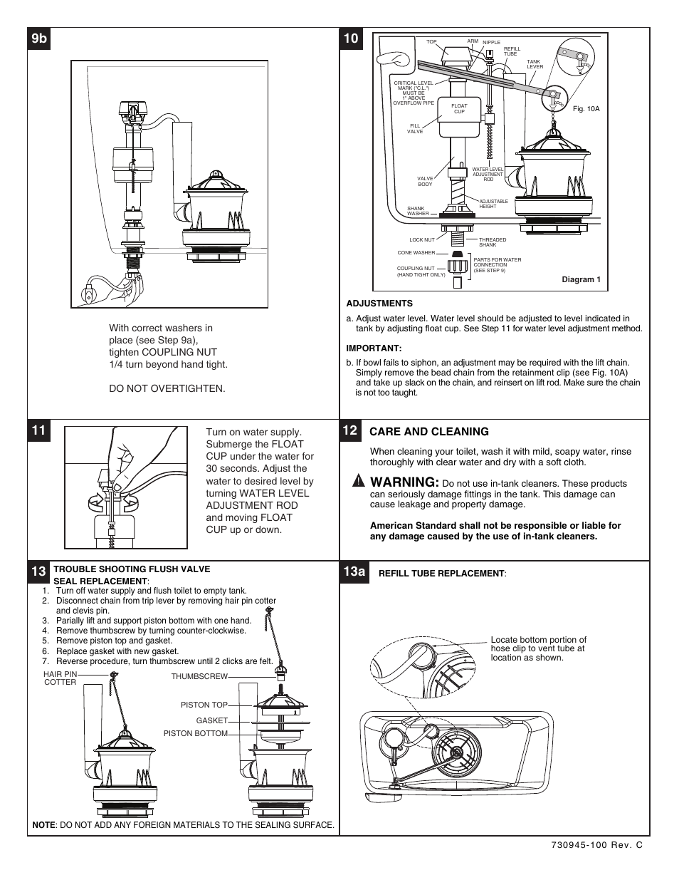 Installation instructions care and maintenance, Skyline champion®4 2-piece toilets, Recommended tools and materials | Repair parts list, 13 13a, Warning, Remove old toilet, Care and cleaning | American Standard 3121.016 Bowl User Manual | Page 3 / 5