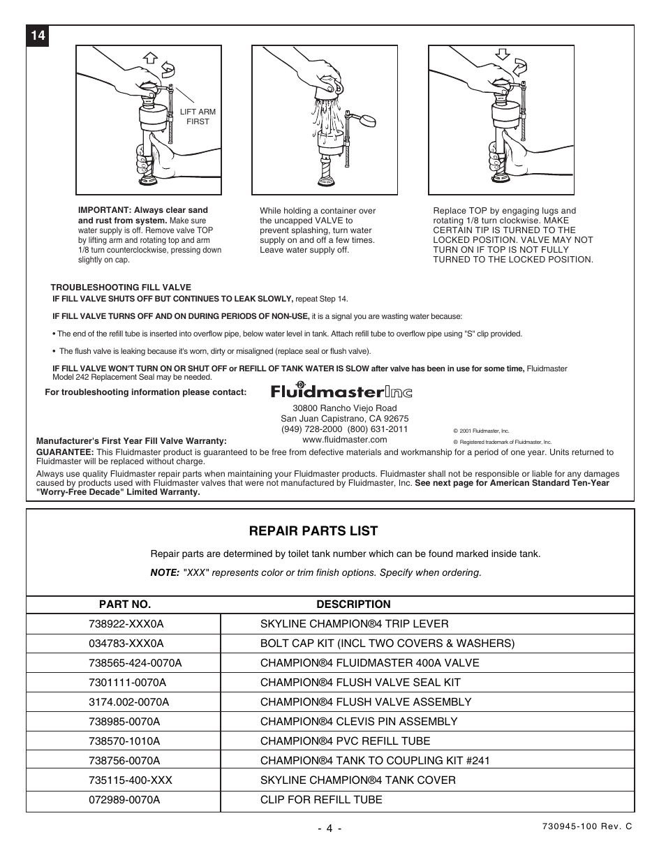 Installation instructions care and maintenance, Skyline champion®4 2-piece toilets, Recommended tools and materials | Repair parts list, 13 13a, Warning, Remove old toilet, Care and cleaning | American Standard 3121.016 Bowl User Manual | Page 4 / 5