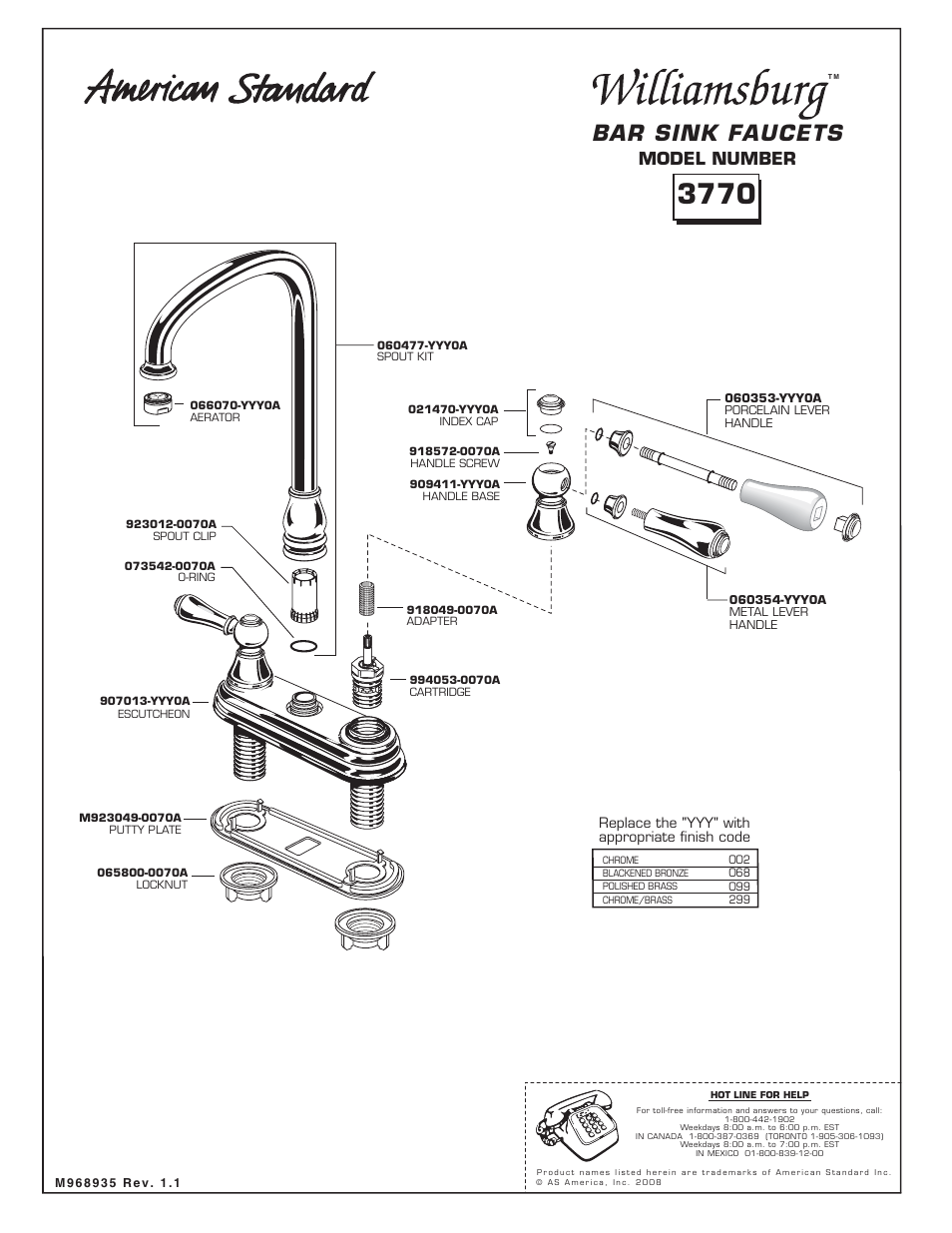 American Standard Williamsburg 3770 User Manual | 1 page