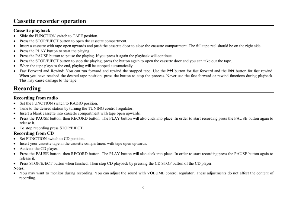 Cassette recorder operation, Recording | Hyundai H-1415 User Manual | Page 6 / 14