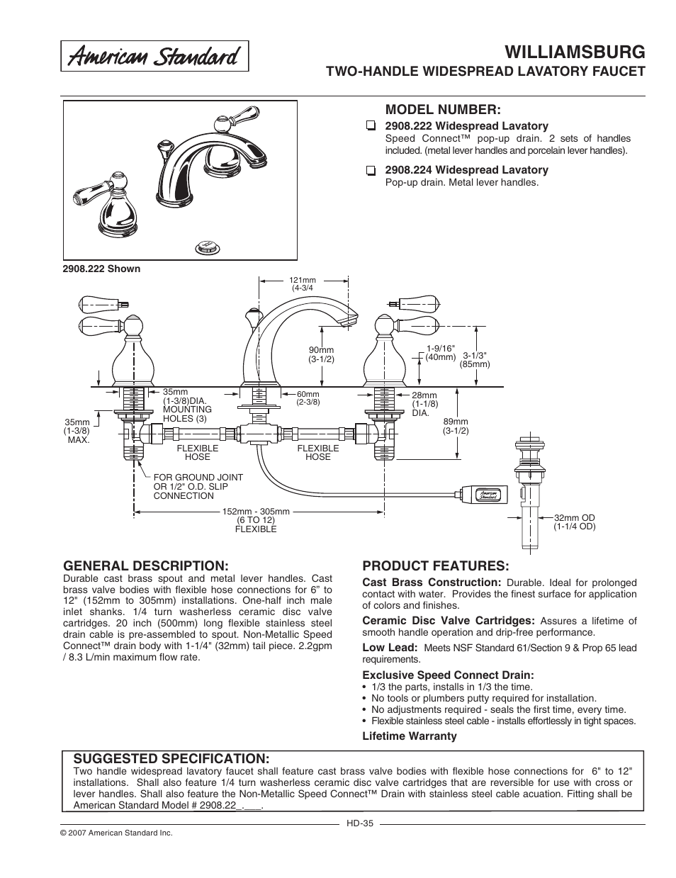 American Standard Williamsburg 2908.224 User Manual | 2 pages