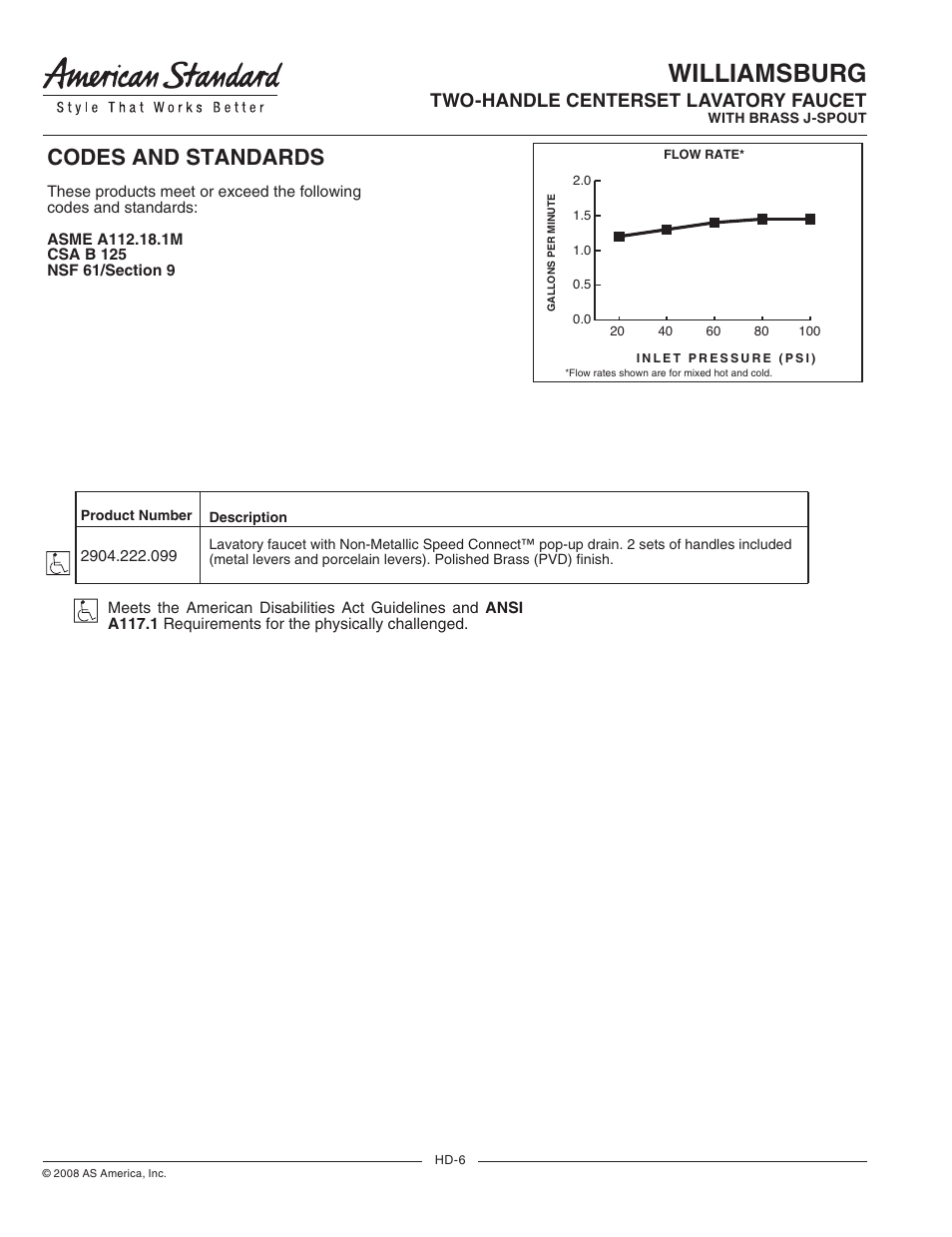 Retail spec sheets 6, Williamsburg, Codes and standards | Two-handle centerset lavatory faucet, General description, Product features, Model number, Suggested specification | American Standard Williamsburg 2904.222.099 User Manual | Page 2 / 2