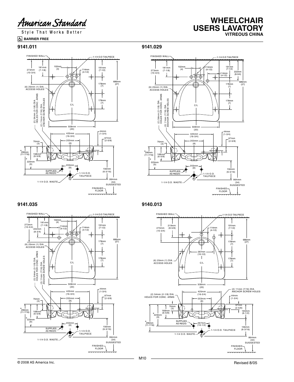 Wheelchair users lavatory, Vitreous china, Revised 8/05 | 2008 as america inc | American Standard 9141.035 User Manual | Page 2 / 3