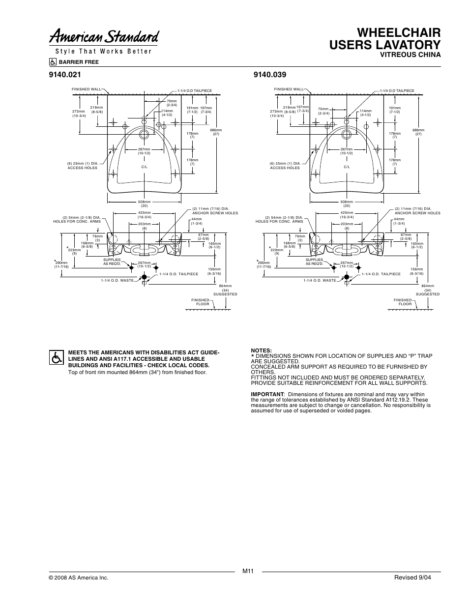 Wheelchair users lavatory, Vitreous china, Revised 9/04 | American Standard 9141.035 User Manual | Page 3 / 3