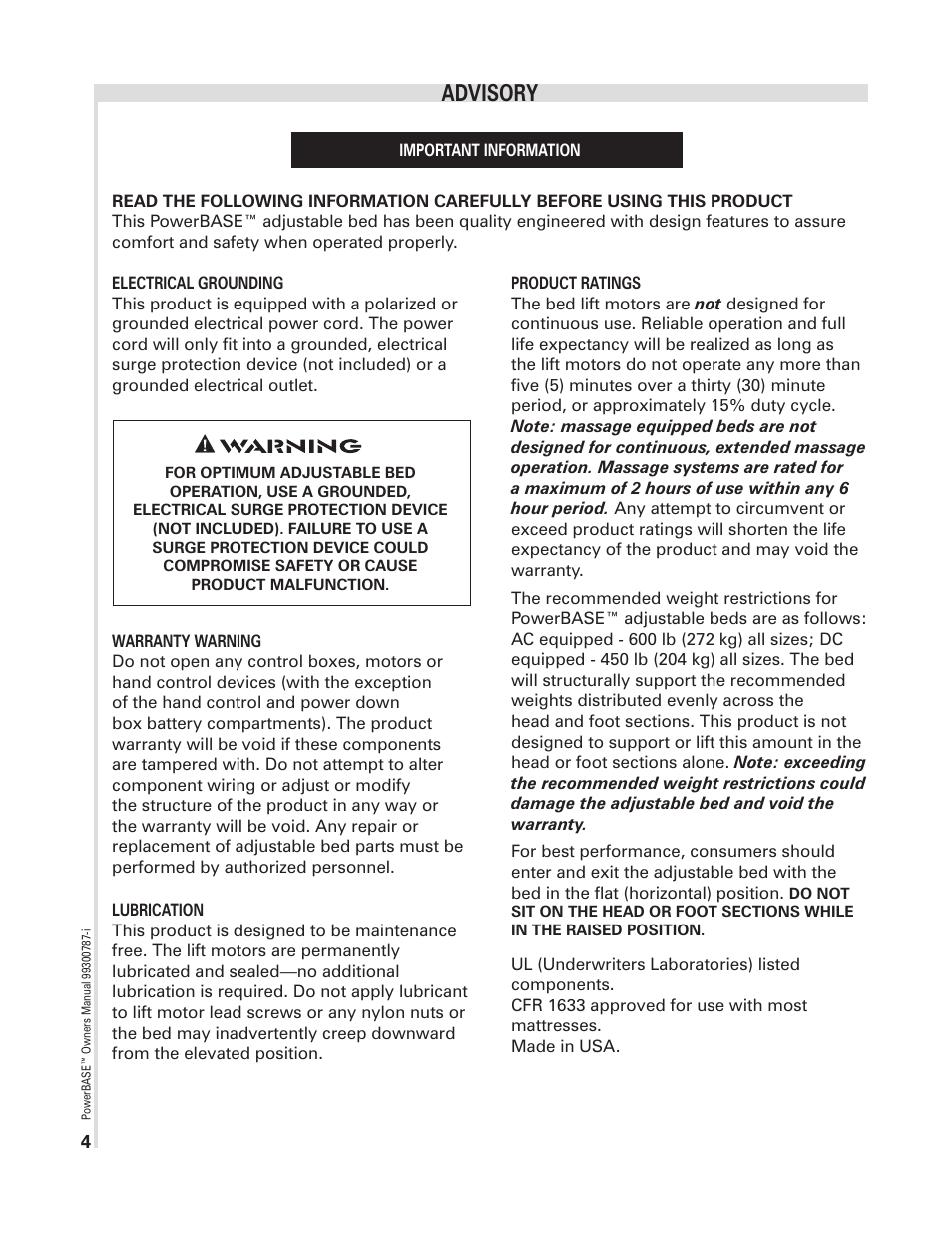 Advisory | InnoMax Adjustable Bed Base User Manual | Page 4 / 18