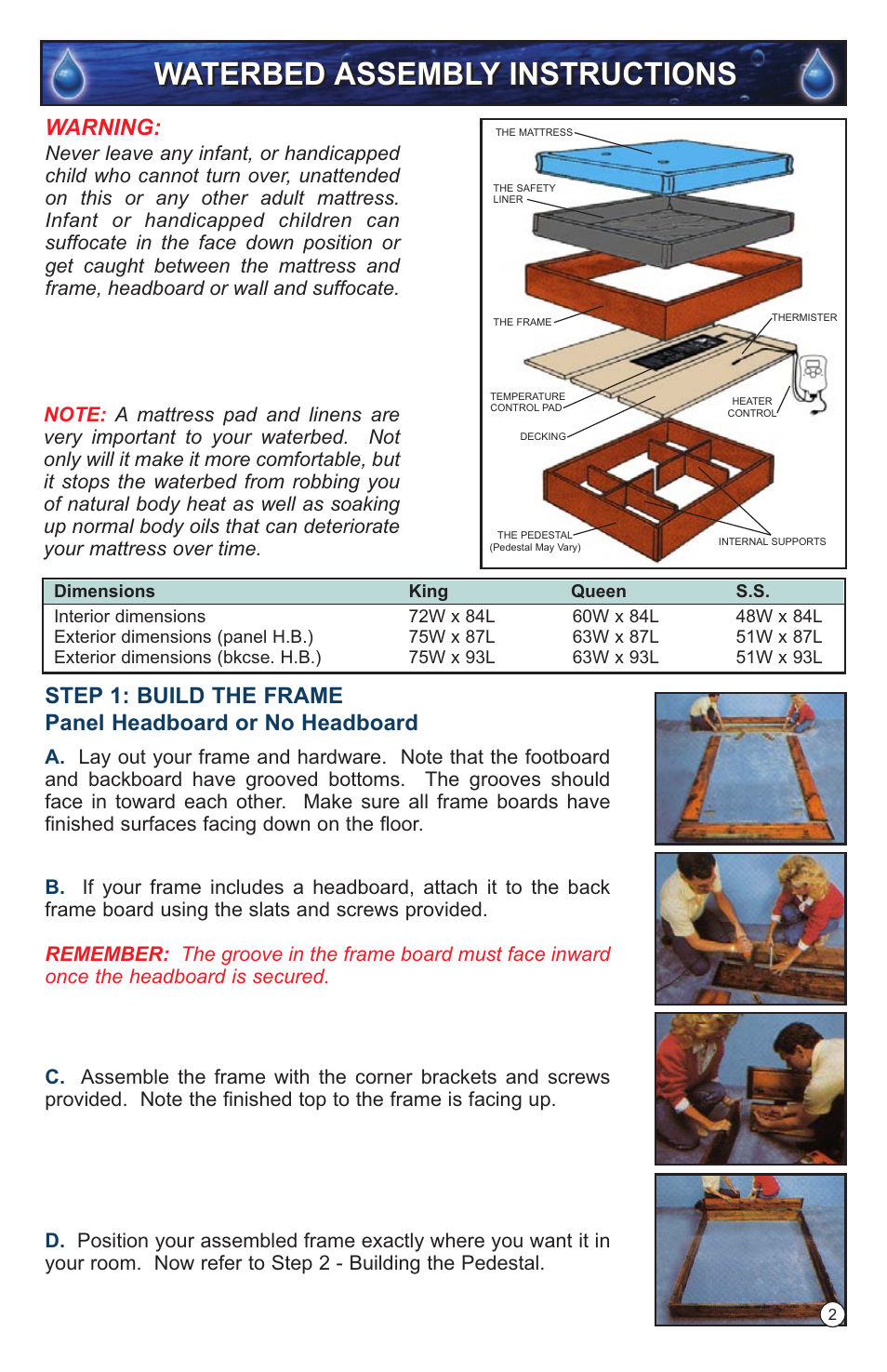 Waterbed assembly instructions, Warning | InnoMax Hardside Fluid User Manual | Page 3 / 12