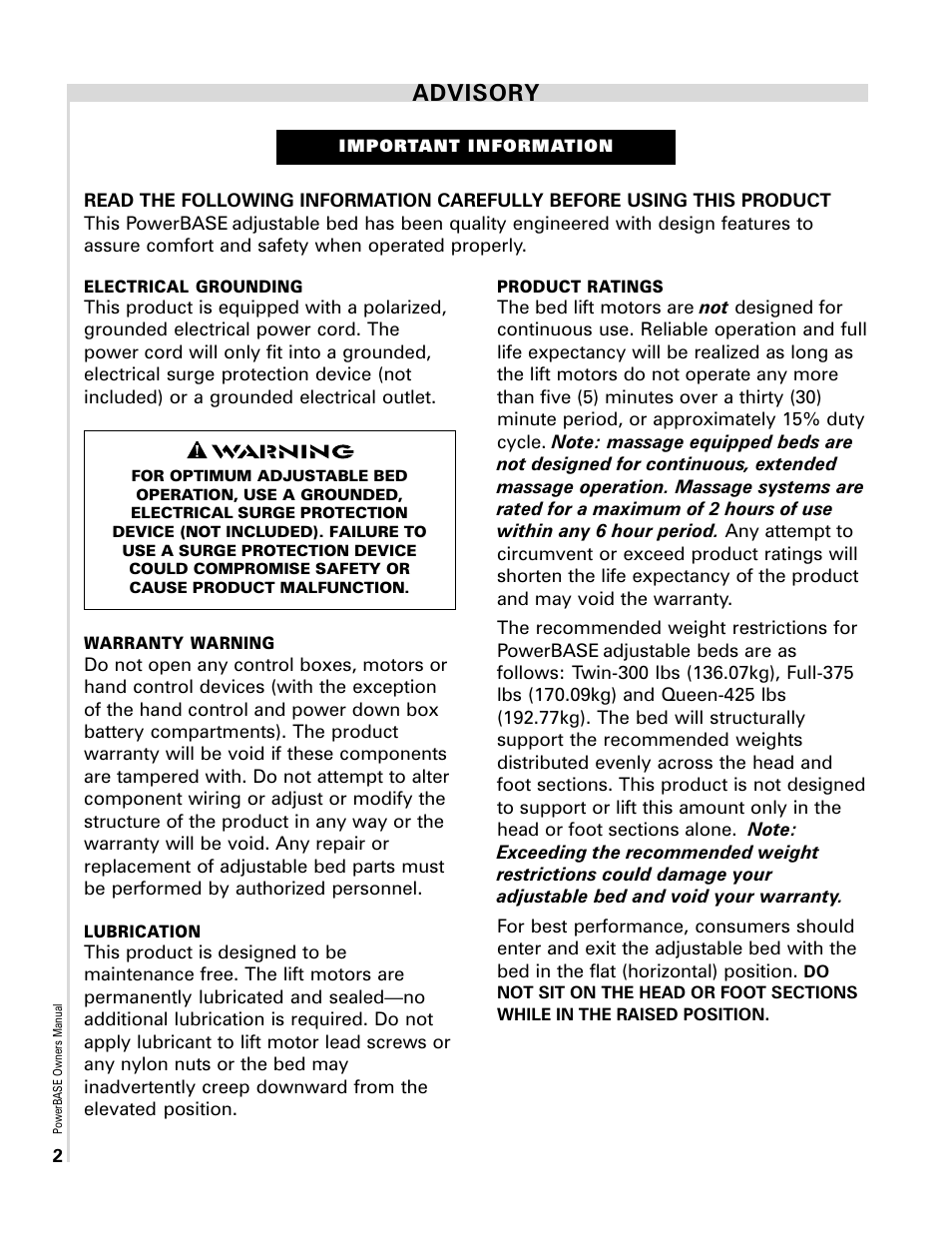 Advisory | InnoMax Scape Adjustable Power Base User Manual | Page 4 / 12