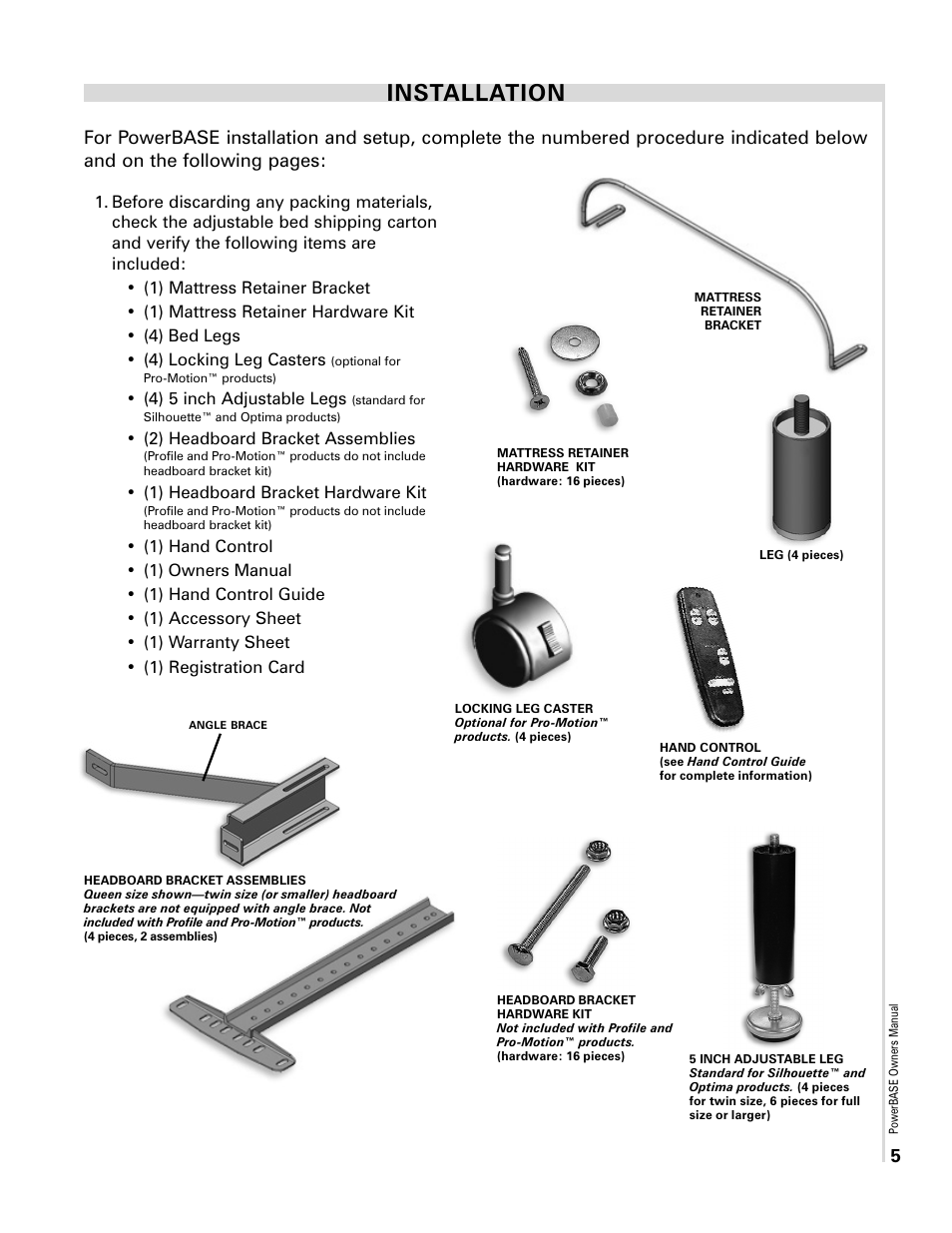 Installation, 4) 5 inch adjustable legs, 2) headboard bracket assemblies | 1) headboard bracket hardware kit | InnoMax Scape Adjustable Power Base User Manual | Page 7 / 12