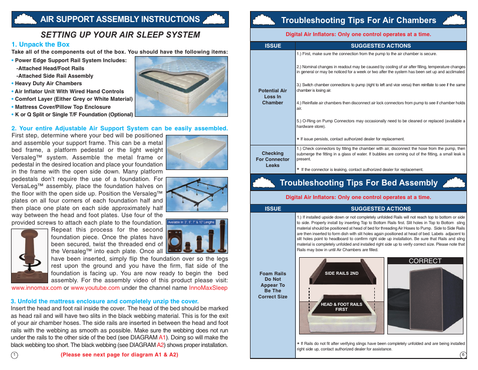 Setting up your air sleep system, Air support assembly instructions, Troubleshooting tips for air chambers | Troubleshooting tips for bed assembly | InnoMax Softside Air User Manual | Page 2 / 4