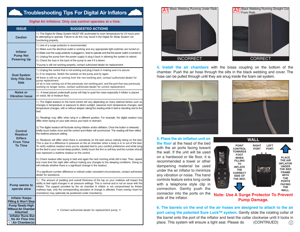 Troubleshooting tips for digital air inflators, Wall, Incorrect | Correct | InnoMax Softside Air User Manual | Page 3 / 4