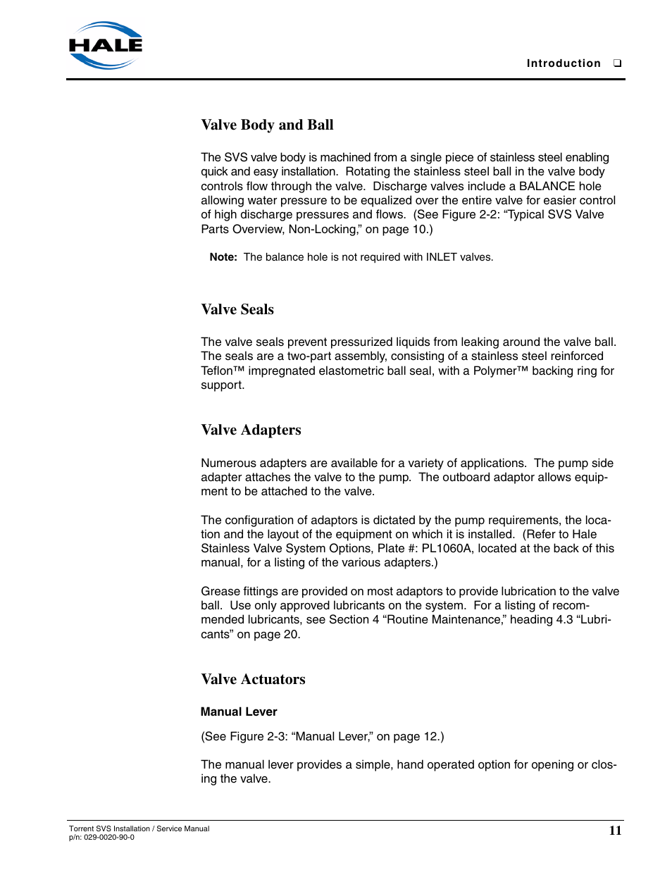 Valve body and ball, Valve seals, Valve adapters | Valve actuators, Manual lever | Hale Torrent SVS Stainless Steel Valves User Manual | Page 11 / 100